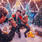 A couple poses for a photo in a snowy holiday setting, surrounded by Christmas trees and glowing lanterns, as another person takes their picture.