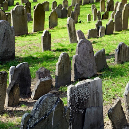 An old cemetery with numerous weathered gravestones of various shapes and sizes, set on a grassy area.