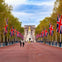 A wide street lined with British flags and trees, leading to a monument and a large historic building in the background.