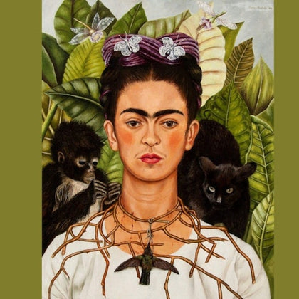 A portrait of a woman with braided hair adorned with butterflies, surrounded by leaves, a monkey, and a black cat.