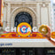 A hand holds a donut in front of the iconic Chicago Theater marquee displaying "CHICAGO," with a bus partially visible below.