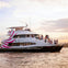A passenger boat with people on the deck, featuring pink stripes, cruising in calm waters at sunset.