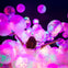 A person surrounded by glowing pink and purple balloons in a dark environment, arms raised in an expressive gesture.