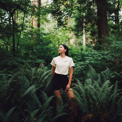 A person stands in a lush forest surrounded by ferns, wearing a white shirt and black shorts, looking upward.