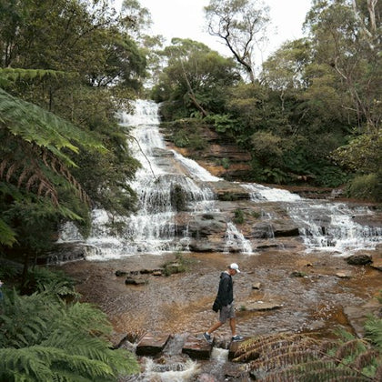 Walk on stepping stones at the bottom of the amazing Katoomba Cascades Waterfalls