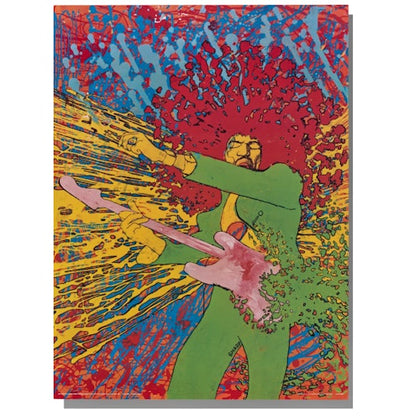 A vibrant, psychedelic-style artwork of a guitarist in green, surrounded by colorful, dynamic splashes of paint.
