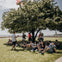 A group of people sitting under a large tree listening to a standing person with an American flag and the Statue of Liberty visible.