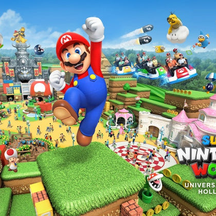 Animated scene of Super Nintendo World, featuring Mario and other characters in a colorful, game-inspired park.