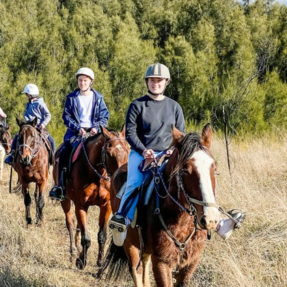 A group of people riding horses along a grassy path surrounded by trees under clear skies.