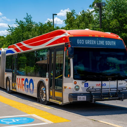 A WEGO transit bus labeled "603 Green Line South" at a bus stop on a sunny day, surrounded by trees and pavement.