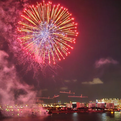 Bright fireworks exploding in the night sky over a cityscape, with buildings and a waterfront visible below.