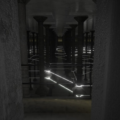 Dimly lit underground space with rows of columns and glowing light streaks across the scene, creating a futuristic ambiance.