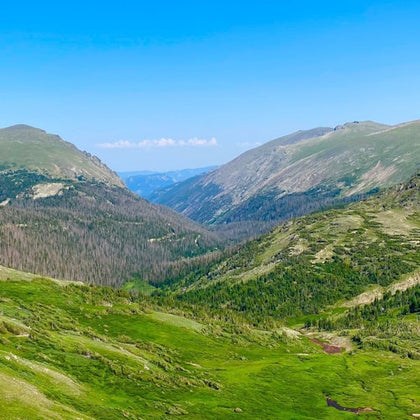 A scenic view of a green valley surrounded by mountains under a clear blue sky.