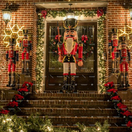 Nutcracker decorations at the entrance to one of the houses