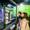 Two people observe a detailed, multi-level diorama in a museum with a green background displaying flying creatures.