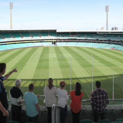 A group of people standing in a stadium, viewing a large green field with goal posts under a clear sky.