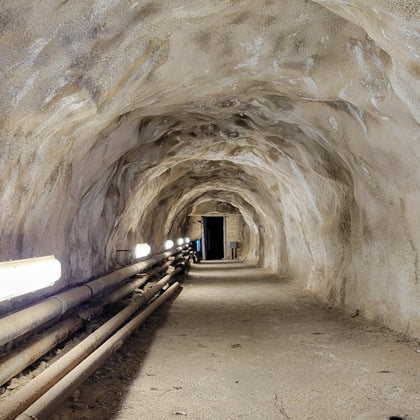 A rocky tunnel with fluorescent lights on the walls and pipes running along the floor, leading to a door at the end.