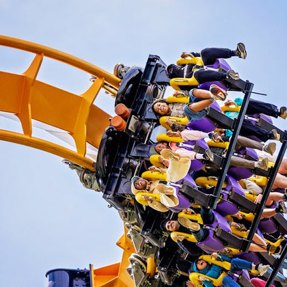 People on a roller coaster at Six Flags, with hands up in excitement, descending a track with blue sides.
