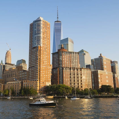 View of the Downtown Manhattan skyline from the Hudson River.