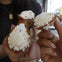Two hands holding cannoli filled with cream, partially broken open, against a blurred background.