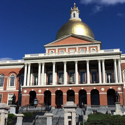 A historic building with a golden dome, red brick walls, white columns, and a gated entrance under a blue sky.