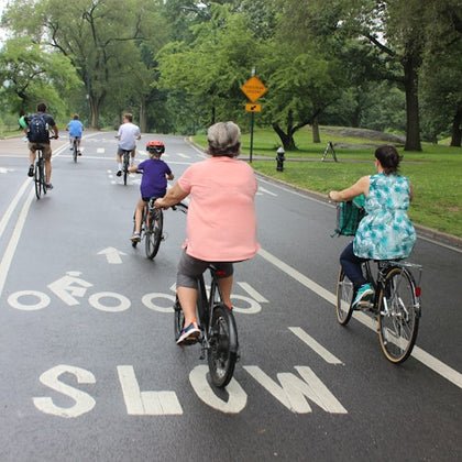 People ride bicycles on a paved pathway in a park, with large trees and greenery around. The road has "SLOW" painted on it.