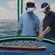 Two people wearing VR headsets interact with a 3D model of a ship floating in a virtual environment above the ocean.