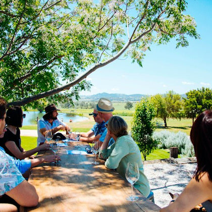 A group of people sitting outdoors at a wooden table, enjoying drinks with a scenic landscape of trees and a pond in the background.