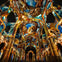 A church interior illuminated with colorful projection art featuring celestial and religious themes on its walls and ceiling.