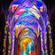 A cathedral interior lit with vibrant, colorful projections of clouds and abstract patterns on the arches and ceiling.