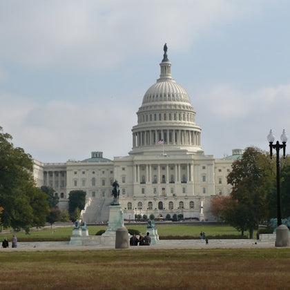 The United States Capitol building with its dome, surrounded by trees, statues, and a lawn under a partly cloudy sky.