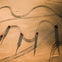 Aerial view of five ATVs making curved tracks in sandy terrain, casting long shadows in the sunlight.