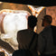 Two people stand in front of a large illuminated display showing a magnified close-up of a biological structure.