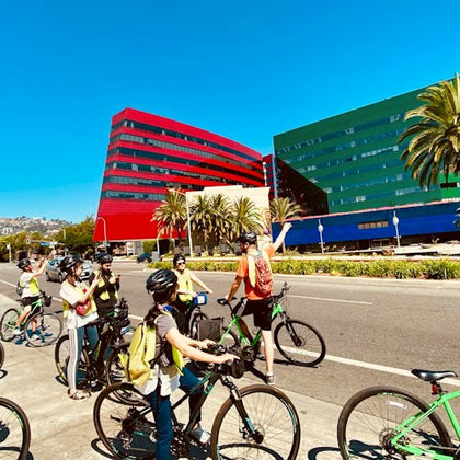 The multicolor Pacific Design Center is a unique piece of architecture on this Beverly Hills electric bike tour