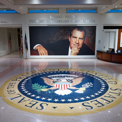 The front lobby with the Presidential Seal.