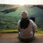 A person and a child sit by a large aquarium window watching otters swim in the water.