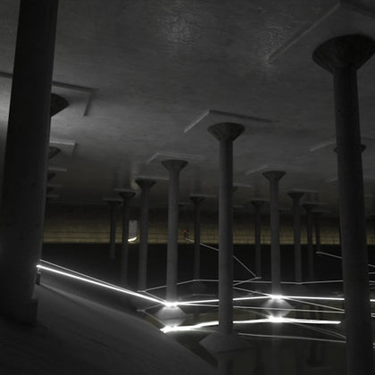 A dimly lit underground structure with concrete columns, reflective water, and illuminated lines creating a modern aesthetic.