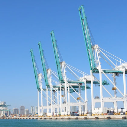 Large white and green cranes line a dock with a city skyline in the background under a clear blue sky.