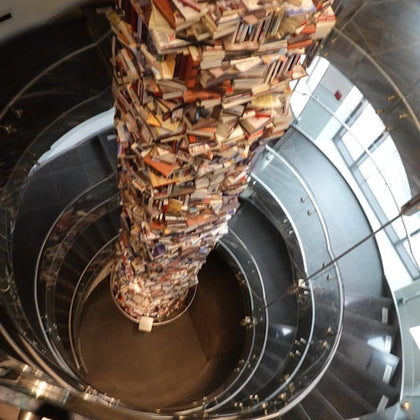 Tower of books about President Lincoln