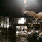 A museum exhibit featuring large dinosaur models in a dimly lit room with visitors observing them.