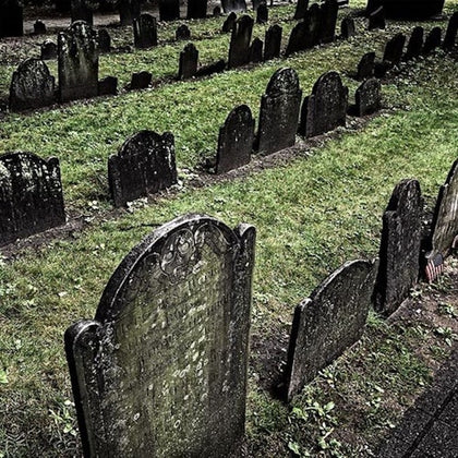 Spooky photo of headstones in the King's Chapel Cemetery