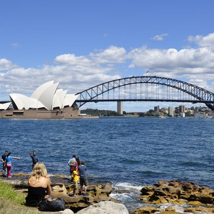 At Mrs Macquarie's Point. Sydney visitors are enjoying the scenery.