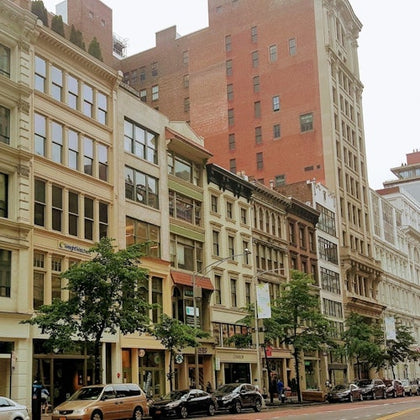 A city street lined with historic multi-story buildings, trees, parked cars, and pedestrians, under an overcast sky.