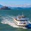 A ferry labeled "Alcatraz City Cruises" sails on water, with Alcatraz Island and a distant shoreline in the background.