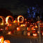 A nighttime scene featuring numerous carved pumpkins with lit candles arranged on hay bales, and arches illuminated in the background.