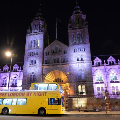 A yellow double-decker bus reading 'See London by Night' parked in front of a lit historic building at night.