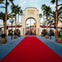 A red carpet leads to the Universal Studios Hollywood entrance arch, surrounded by palm trees and decorative lighting.