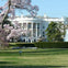 A large white building with columns surrounded by blooming trees, shrubs, and a fountain in a well-maintained garden.