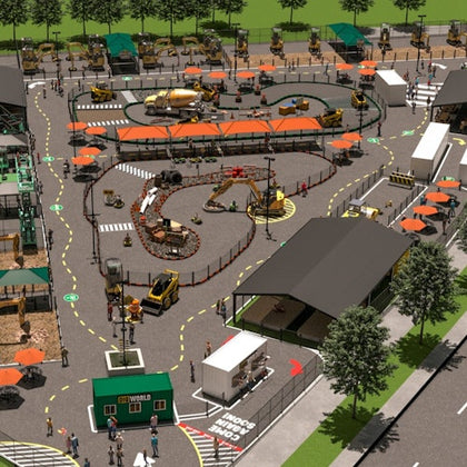 Outdoor activity park featuring construction-themed attractions, vehicles, tracks, and seating areas under orange umbrellas.