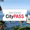 Palm trees and ocean in the background with "San Diego CityPASS" text and a smartphone displaying the CityPASS QR code.